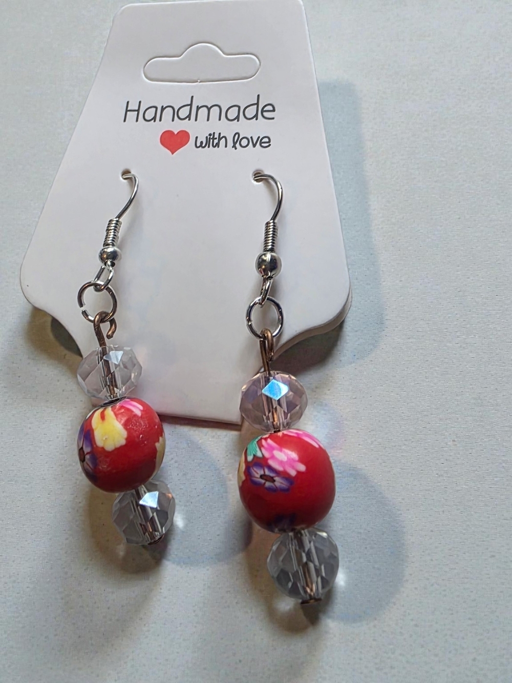 Handmade Red Floral Millefiori Crystal Dangle Earrings